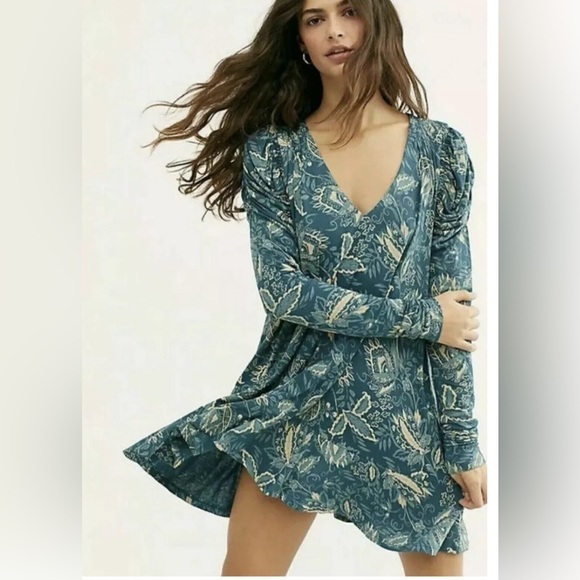 FREE PEOPLE TUNIC DRESS HELLO LOVER TOP DUSTY INDIGO COMBO GREEN NEW EITH TAGS M - Picture 1 of 6